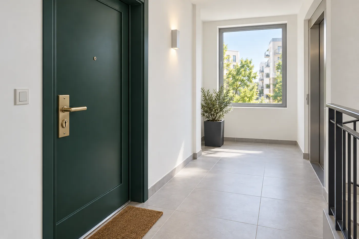 Porte palière blindée vert foncé à serrure multipoint sur le palier lumineux d'une copropriété récente d'Issy-les-Moulineaux