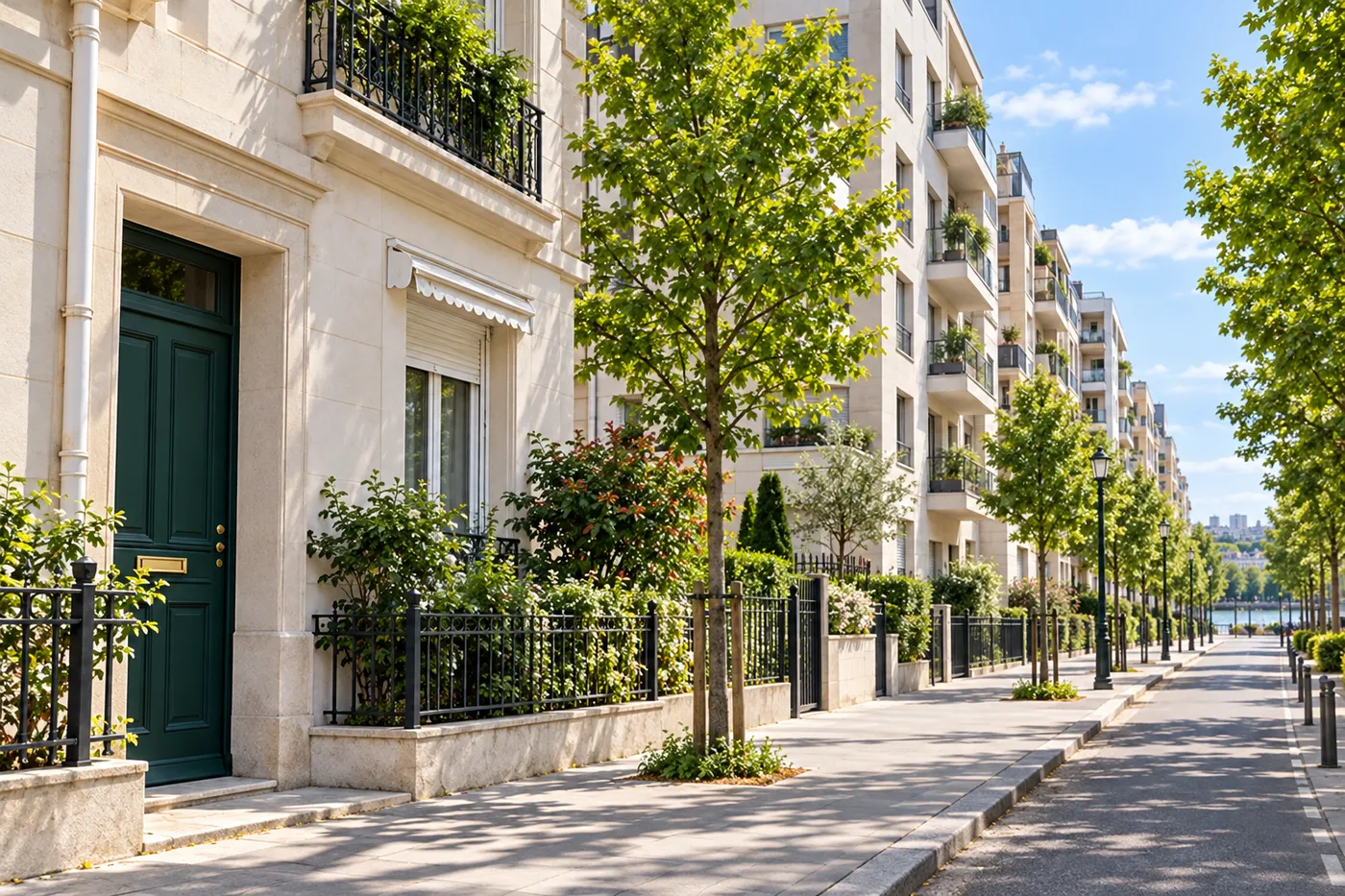 Rue arborée bordée de résidences récentes près de la Seine à Issy-les-Moulineaux